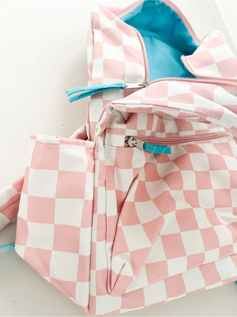 Pura Vida Pink & White Checkerboard Backpack Turquoise Straps School Bag